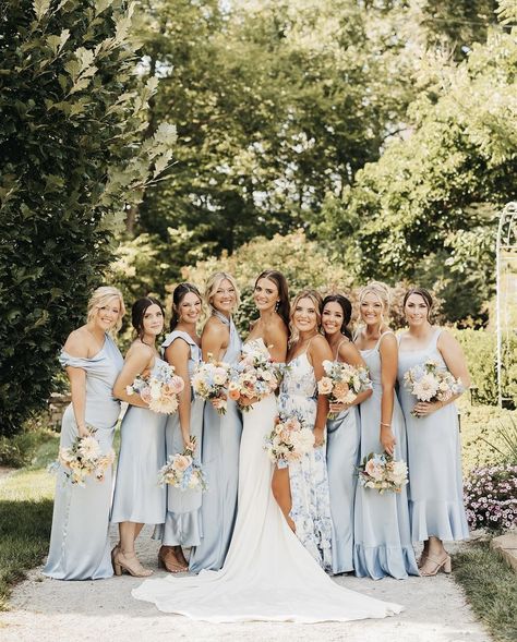 Pink And Blue Mismatched Bridesmaids, Light Blue Bridesmaid Proposal, Blue Bridesmaids Pink Flowers, Blue Pastel Bridesmaid Dresses, Sky Blue Bridesmaid Dresses With Groomsmen, Blue Flower Bridesmaid Dresses, Powder Blue Bridesmaids Dresses, Pastel Bridesmaid Dress, Blue And Tan Wedding Colors