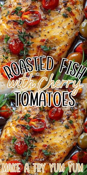 Roasted Fish with Cherry Tomatoes Baked Fish With Tomatoes, Fish And Tomatoes Recipes, Scrod Recipe, Oven Roasted Cherry Tomatoes, Baked Catfish, Balsamic Cherries, Cooking Trout, Poached Fish, Citrus Fish