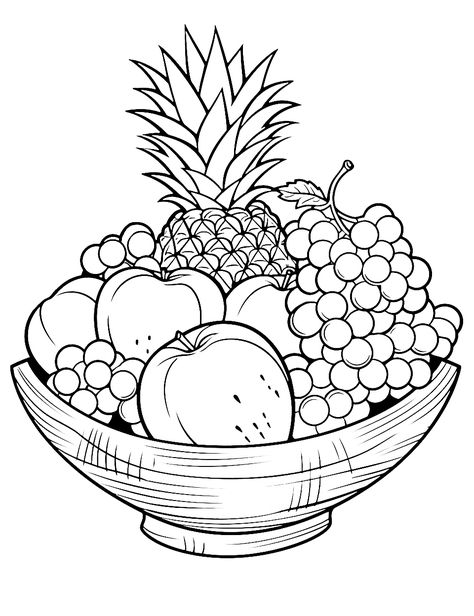 Fruit Bowl Coloring Page, Fruit Coloring Pages Free Printable, Fruits Basket Drawing, Fruit Bowl Drawing, Fruit Basket Drawing, Odyssey Art, Drawing Fruit, Fruit Coloring, Fruits Art