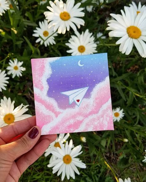 Cute Easy Paintings, Pink Canvas Art, Sky Art Painting, Cute Canvas Paintings, Paper Airplane, Canvas Painting Designs, Small Canvas Art, Cute Doodle Art, Doodle Art Designs