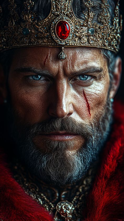 👑✨ Step into a world of majesty and mystery! This photorealistic portrait of a king, gazing steadfastly from a dark background, evokes an aura of power and intrigue. His expression tells a thousand stories of battles fought and kingdoms ruled. 🌌🛡️ Explore the depths of royalty and unleash your inner king! What does your crown represent? 👑💫 #King #Royalty #Art #DarkBackground #Majesty... The Oak King, The Mad King, Photorealistic Portraits, Ornate Jewelry, Old King, Grey Beards, Book Inspiration, Dark Backgrounds, Culture Art