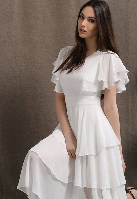 1ef91c212e30e14bf125e9374262401fdesc44778557ri White Chiffon Dress, Chiffon White Dress, White Prom Dress, Sleeves Designs For Dresses, Skirt Maxi, Dress Chiffon, White Chiffon, Midi Dress Summer, Frock Design