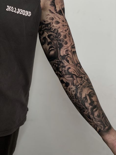 Full greek mythology tattoo sleeve Greek Tattoos Sleeve Men, Greek Realism Tattoo Sleeve, Philosophy Sleeve Tattoo, Greek Mythology Tattoos Filler, Greek Inner Bicep Tattoo, Green Mythology Tattoo Sleeve, Greek Theme Sleeve Tattoo, Greek Full Sleeve Tattoo, Roman Empire Tattoo Sleeve