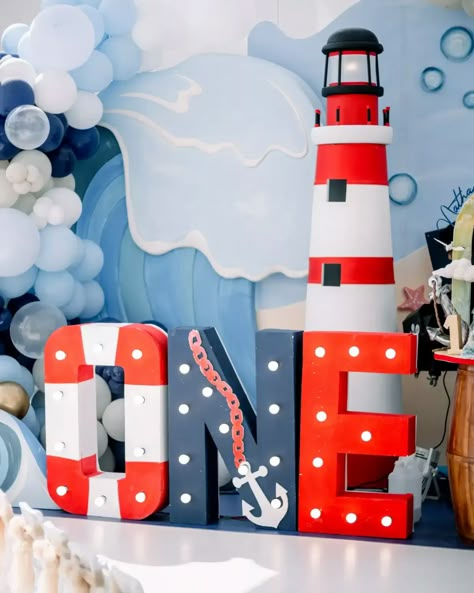 Lighthouse Birthday Party, Sailing Theme Birthday Party, Sailor Themed Birthday Party, Sailor First Birthday, Nautical Birthday Theme, Baptismal Theme, Sailor Birthday Party, Ocean Birthday Theme, Nautical First Birthday