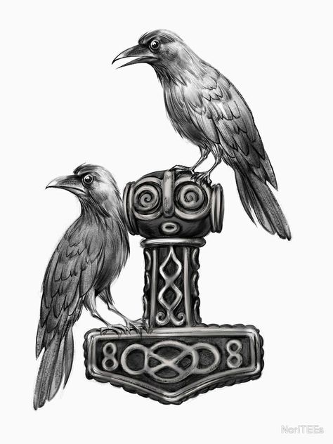 Thor Hammer Mjölnir with Odin Ravens Hugin and Munin Thor Hammer Tattoo, Mjolnir Tattoo, Fenrir Tattoo, Hammer Tattoo, Rabe Tattoo, Viking Warrior Tattoos, Norse Mythology Tattoo, Viking Tattoo Symbol, Viking Tattoo Sleeve