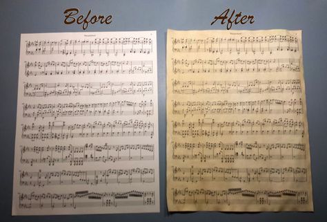 How to age paper (Tea Stain) tutorial Hymnal Crafts, Sheet Music Crafts, Store Decoration, Sheet Music Art, Music Crafts, Music Paper, How To Age Paper, Music Decor, Copy Paper