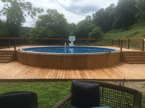 Large Pool Deck, Deck To Pool Transition, Round Pool Deck Ideas, Above Ground Pool Deck Ideas, Decks Around Pools, Round Above Ground Pool, Above Ground Pool Deck, Pool Deck Plans, Cheap Pool