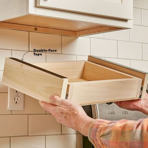 place under-cabinet drawer assembly on cabinet Shelves Under Kitchen Cabinets, Under Cabinet Drawers, Clever Kitchen Storage, Cabinet With Drawers, Plywood Cabinets, Diy Drawers, Built In Cabinets, Upper Cabinets, Kitchen Drawers