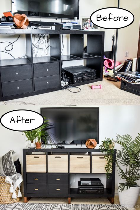 DIY TV console makeover Tv Console Upcycle, Console Upcycle, Tv Console Makeover, Tv Room Design Ideas, Old Tv Consoles, Kallax Bookshelf, Console Makeover, Diy Tv Console, Family Tv Room