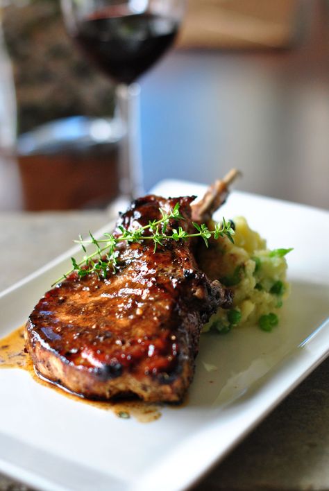 DSC_0056_small Maple Glazed Pork Chops, Glazed Pork Chops, Grilled Meats, Pork Glaze, Grilled Pork Chops, Maple Glaze, Makanan Diet, White Plate, Pork Chop