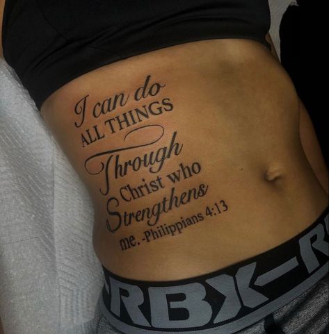 Scripture Leg Tattoos Women, God Scriptures Tattoo, Upper Chest Tattoo Female Quotes, Stomach Tattoos Words, Bible Scripture Tattoos Black Woman, Rib Tattoos For Women Bible Verse, Bible Verse Stomach Tattoo, Side Of Stomach Tattoo For Black Women, Bible Verse On Ribs Tattoo