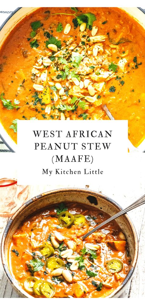 This West African Peanut Stew, called Maafe, is the most hearty, wholesome and flavorful one-pot chicken stew imaginable. Using roasted peanuts, ginger, and spicy peppers, this African chicken stew is perfect for a weeknight meal, or for a special occasion dinner. #westafrican #peanutstew #maafe #senegalesefood #westafricanpeanutsstew African Chicken Stew, West African Peanut Stew, West African Peanut Soup, African Chicken, African Peanut Soup, African Stew, African Peanut Stew, Pumpkin Stew, Special Occasion Dinner