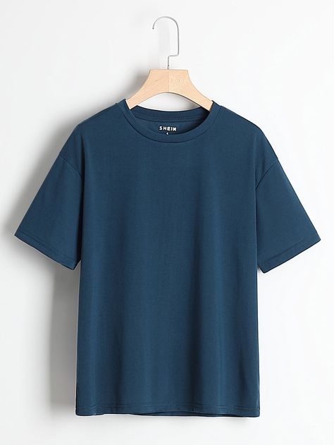 Navy Blue Basics  Short Sleeve Polyester Plain  Embellished Slight Stretch Summer Women Tops, Blouses & Tee Blue Tee Outfit, Plain Blue T Shirt, Plain Tee Outfit, Blue Tshirt Outfit, Plain Tee Shirts, Navy Blue T Shirt, Plain Outfits, Drop Shoulder Tee, Mens Casual Dress Outfits