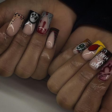 second round on these character nails!!😩😍 I LOVEEEE! We did Jason, Pennywise, Scream, Freddy Krueger, Chucky and his Boo💋🖤 • • • #nailtech #nailsnailsnails #halloweennails #characternail #halloween #915nails #915 #nailinspiration #nailinspo #halloweennailart #freddykruegernails #chuckynails #screamnails #itnails #pennywisenails #nailsxbri915 Character Nails, Halloween Nail Art, Freddy Krueger, Nail Tech, Halloween Nails, Nails Inspiration, Scream, Nail Inspo, Nails