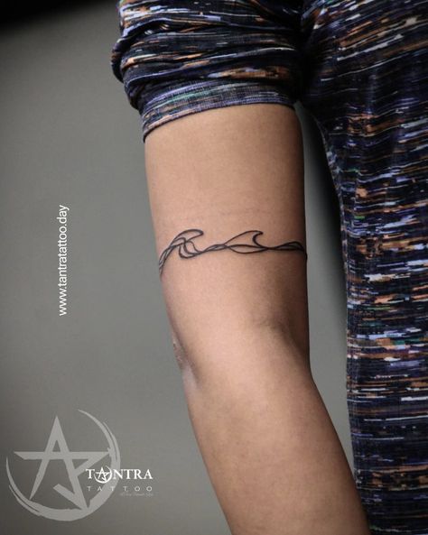 Realism Wave Tattoo, Ocean Cuff Tattoo, Ocean Wave Band Tattoo, Ocean Wave Tattoo Sleeve, Wave Tattoo Wrapped Around Arm, Waves Around Arm Tattoo, Arm Band Tattoo Waves, Wave Cuff Tattoo, Wave Tattoo Around Arm