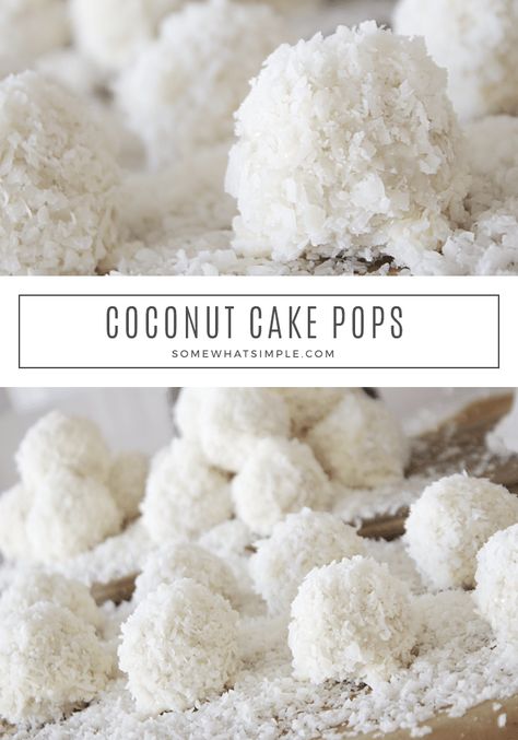 Coconut Cake Pops are tasty little treats that are simple to make! They're a fun and festive dessert that will totally please a crowd! #cakepop #cakeballs #coconut #snowballs #treats #abominable #everest via @somewhatsimple Coconut Cake Pops, Coconut Cake Balls, Cake Ball Recipes, Cookie Bites, Coconut Snowballs, Cake Ball, 40th Cake, Coconut Balls, Birthday Cake Pops