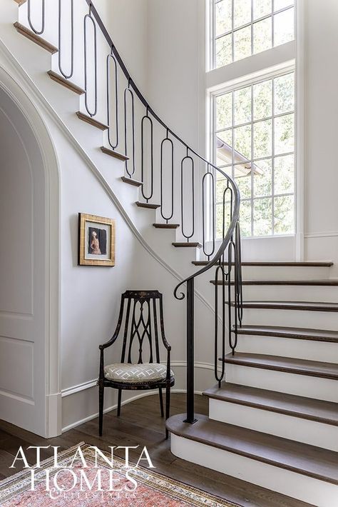 House Tour: European-Style Masterpiece - Design Chic Tuxedo Park, Entry Stairs, Harrison Design, Estate Garden, Floating Staircase, Oak Panels, Curved Staircase, Atlanta Homes, Indoor Outdoor Living