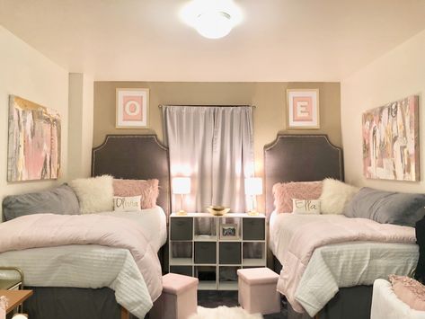 Gold Dorm Room, Room Ideas Pink, Purple Dorm Rooms, Dorm Room Comforters, Grey Room Decor, Purple Dorm, White Dorm Room, College Bedroom Decor, Dorm Room Doors