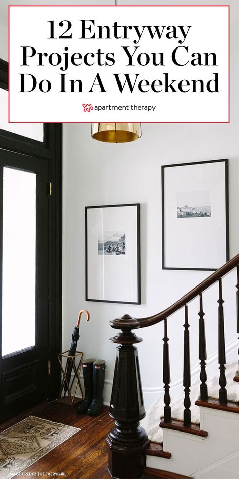 Entryway in need of some TLC? We have a dozen ideas you can complete in just one weekend. #entryway #entrywayideas #organizingideas #homeprojects #homedecor #diyhomedecor Wall Decor Stairway, Staircase Decor Ideas Wall, Interior Entryway Ideas, Bold Entryway, Side Hall Colonial, Stairs Wall Decor, Staircase Wall Design, Stairwell Ideas, Wall Decor Entryway