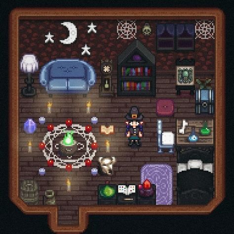 Witch Farm Stardew Valley, Sdv Expanded, Stardew Expanded, Gothic Interior Decor, Witchy Farmhouse, Goth Farmhouse, Witch House Interior, Genshin Teapot, Stardew Farms