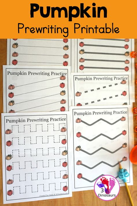 Free Pumpkin Prewriting Printables - 3 different types: dotted line, solid line, & thick line dotted - 3DInosaurs.com Pumpkin Tracing, Prewriting Activities Preschool, Prewriting Activities, Prewriting Worksheets, Pumpkins Kindergarten, Halloween Activities Preschool, Homeschool Holidays, Prewriting Skills, 3 Dinosaurs