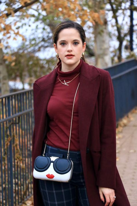 Turtleneck outfit idea: matching coat + plaid pants. Wine Turtleneck Outfit, Style Red Turtleneck, Burgundy Suit Turtleneck Men, Burgundy Turtleneck, Maroon Turtleneck, Windowpane Pants, Anthropologie Earrings, Turtleneck Outfit, Velvet Hair