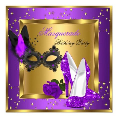 Masquerade Gold Purple Magenta Glitter High Heels Announcements Masquerade Party Centerpieces, Black Birthday Party, Mask Invitations, Elegant Birthday Invitations, Masquerade Party Decorations, Purple Birthday Party, Glitter Backpack, Elegant Birthday Party, Princess Birthday Invitations