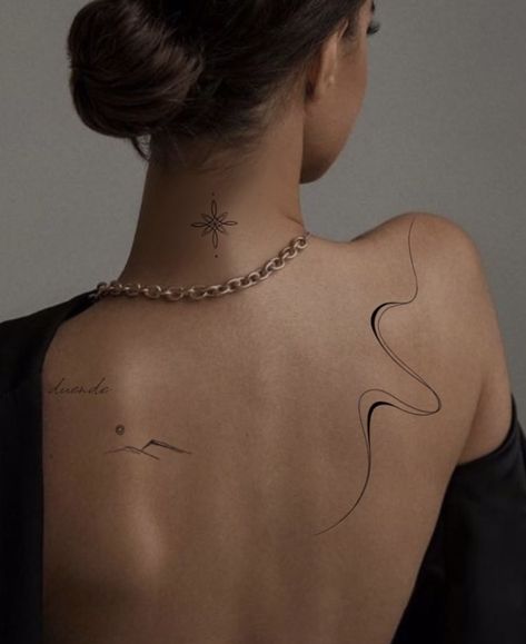 Line Tattoos On Back, Coi Fish Hand Tattoos, Minimal Tatoos Idea Woman, Organic Line Tattoo, Fine Line Dainty Tattoo, Fineline Shoulder Tattoo, Water Line Tattoo, Collet Bone Tattoo, Multiple Back Tattoos