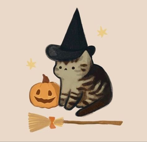 Witch Cat, Halloween Illustration, Halloween Drawings, Dessin Adorable, Halloween Pictures, Arte Fantasy, Fall Wallpaper, Halloween Wallpaper, Cat Drawing