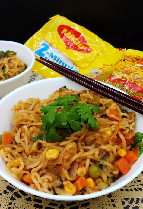 Instant Maggi in white bowl on yellow table mat. Maggi Aesthetic, Maggi Masala, Maggi Recipes, Green Chili, Green Chilies, I Made It, North East, Quick Easy Meals, Easy Recipe