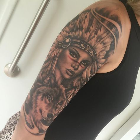 Beautiful tattoo for a beautiful lady ❤️ @garageinkmanor #garageinktattoo #wolf #goddess #warrior | Instagram Indian Sleeve Tattoos For Women, Indian Wolves Tattoo, Indian Wolf Tattoos For Women, Wolf Indian Headdress Tattoo, Indian Tattoo Leg Sleeve, Indian With Headdress Tattoo, Warrior Lady Tattoo, Woman Indian Tattoo, Indian Arm Tattoos For Women