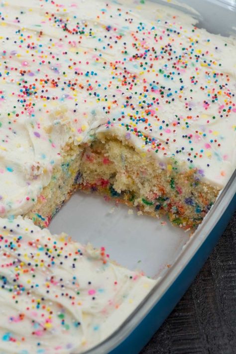 A from scratch Homemade Funfetti Cake is the perfect cake for any birthday or occasion! Fluffy white cake mix is full of sprinkles, topped with a heavenly sprinkle buttercream frosting! Basic Yellow Cake Recipe, Homemade Funfetti Cake, Fluffy White Cake, Yellow Cake Recipe, Funfetti Cake Mix, Recipe Photo, Yellow Sunglasses, Sheet Cake Recipes, Funfetti Cake