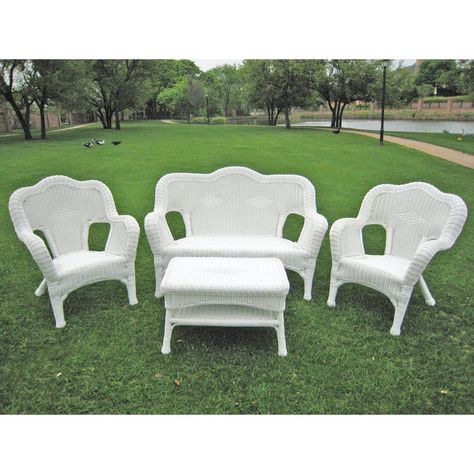 Modern Room Deco - International Caravan Four Piece Maui Outdoor Seating Group White Wicker Patio Furniture, White Wicker Furniture, Resin Patio, Outdoor Wicker Furniture, Wicker Patio Furniture, Floral Cushions, Wicker Chairs, White Wicker, Lounge Seating