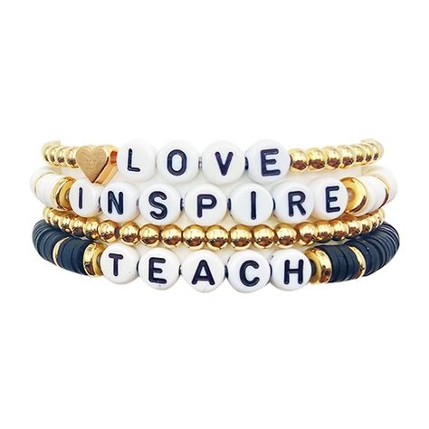 PRICES MAY VARY. Teacher Bracelets：This bracelet fits the style of the teacher's theme. It is very cute and stylish. The stackable beaded bracelet is decorated with the words TEACH, LOVE, and INSPIRE. It is a perfect end of the year gift to recognize her hard work and dedication to her students. High Quality：The bracelet is made of soft pottery and stretchy cord, which is flexible and fits most people's size. The colorful jewelry is the perfect addition to your jewelry collection. Add some pops Letter Bracelets, Themed Bracelets, Teacher Bracelet, Teacher Themes, Stackable Beaded Bracelets, Clay Bracelets, Preppy Bracelets, Bracelet Craft Diy, Fun Bracelet