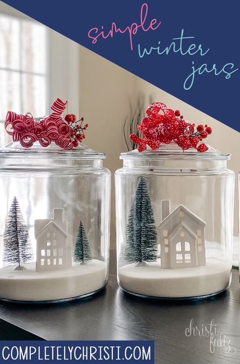 Christmas Decor Jar Ideas, Christmas Jar Scene, Christmas Scene In Glass Jars, Snow Scene In Glass Jar, Christmas Village In A Jar, Christmas Canisters Diy, Christmas Jars Decorations, Christmas Glass Jars, Decor Cookies