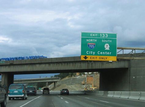 I-5 Exit 133- I-705 North: Tacoma City Center & Wa 7 South: Mt. Rainier Tacoma City, Garden Grove California, Interstate 5, Garden Grove, Mt Rainier, Road Signs, City Center, Washington State, Highway Signs