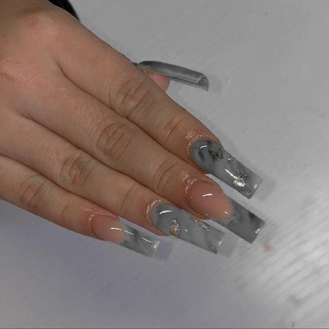 Gray Nail Ideas Acrylic, Marble Acrylic Nails, Acrylic Nail Designs Coffin, Grey Acrylic Nails, Fresh Nail, Grey Nail Designs, Makeup Nails Designs, Edgy Nails, French Acrylic Nails