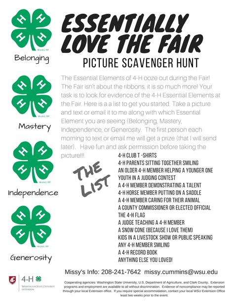 Essentially Love the Fair-Scavenger Hunt | Klickitat County | Washington State University County Fair Theme Ideas, County Fair Activities, Fair Scavenger Hunt, 4h Leader, 4h Activities, Picture Scavenger Hunt, County Fair Projects, 4h Clover, 4h Crafts