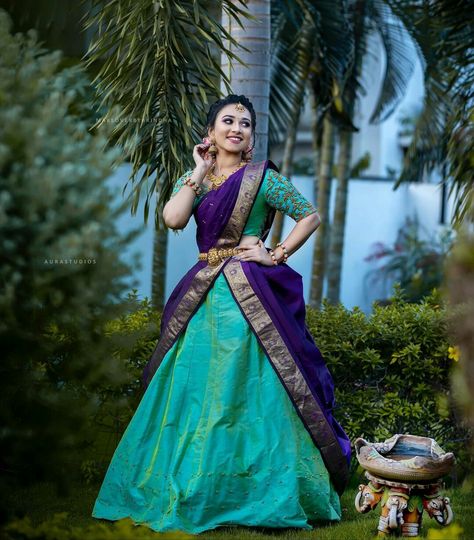 Photo Stills On Lehanga, Stills In Half Saree, Half Saree Photoshoot Poses At Home, Bathukamma Outfit, Different Draping Styles Of Saree, Half Saree Hairstyles For Short Hair, Poses On Half Saree, Half Saree Photoshoot Poses, Half Saree Stills Indoor