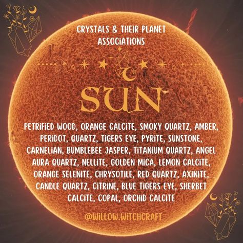 Crystals & their Planet Associations ~ Sun #todaysposts #topicoftheday #sun #planets #planetsandcrystals #crystalassociations #planetsandcrystalsassociations Moon Journal, Elemental Magic, Titanium Quartz, Learn Astrology, Red Quartz, Witch Spell Book, Angel Aura Quartz, Orange Calcite, Health Business