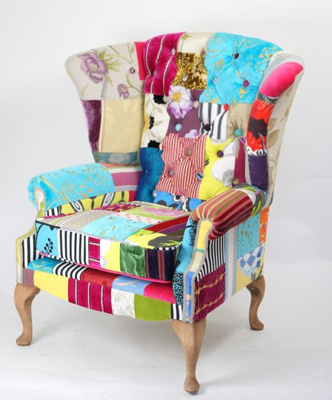 The Client who we delivered this to called just to say she loved it Patchwork Armchair, Patchwork Upholstery, Patchwork Furniture, Artsy Decor, Patchwork Sofa, Upholstery Trends, Patchwork Chair, Funky Chairs, Blue Accent Chairs