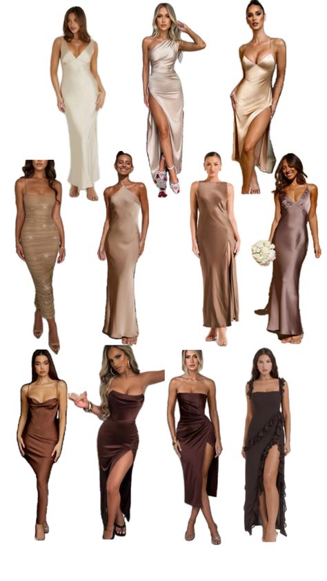 Champagne, dresses, brown, neutral Dress Inspo, Group Chat, Wedding Inspo, Wedding Guest, Dresses