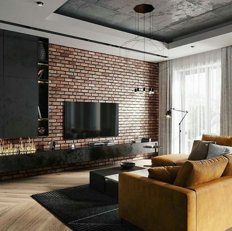 Interior Design Loft Style, Casa Rock, Brick Living Room, Tattoo Modern, Industrial Home Design, House Cladding, Loft Interior, Living Room Decor Inspiration, Loft Interiors