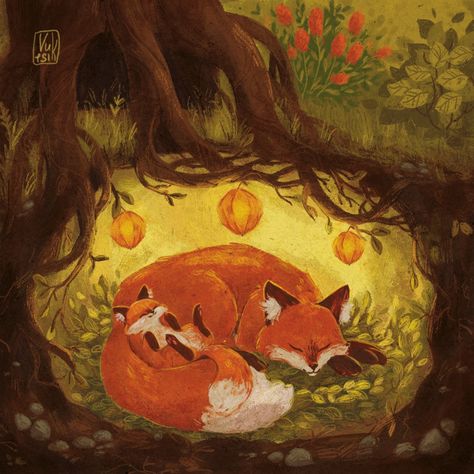 Mama fox and her foxy pup sleeping underneath the roots in the old forest Two Foxes Drawing, Fall Storybook Art, Christmas Animal Art, Forest Drawing With Animals, Fox Art Illustration, Cozy Fall Illustration Art, Sleeping Fox Drawing, Fox Sleeping Drawing, Sleeping Illustration