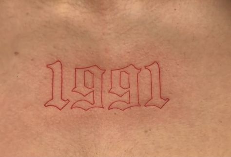 1991 Tattoo Design, Red Number Tattoo, Red Tattoo Men, 1991 Tattoo, Thigh Script Tattoo, Jack Tattoo, Red Ink Tattoo, Artsy Tattoos, Number Tattoos