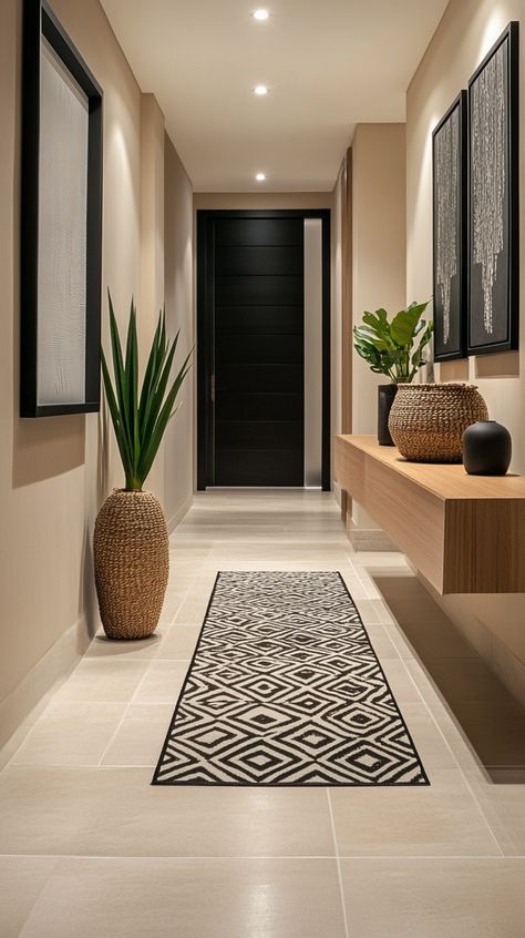 Elegant Beige Hallways: Inspiration for a Warm and Inviting Entrance - Remodr Front Door Entry Hallway, House Foyer Design Entrance, Modern Passage Design, Long Apartment Hallway Ideas, Room Corridor Ideas, Elegant Hallway Ideas, Passage Way Decor, Passage Decor Hallways, Home Corridor Ideas