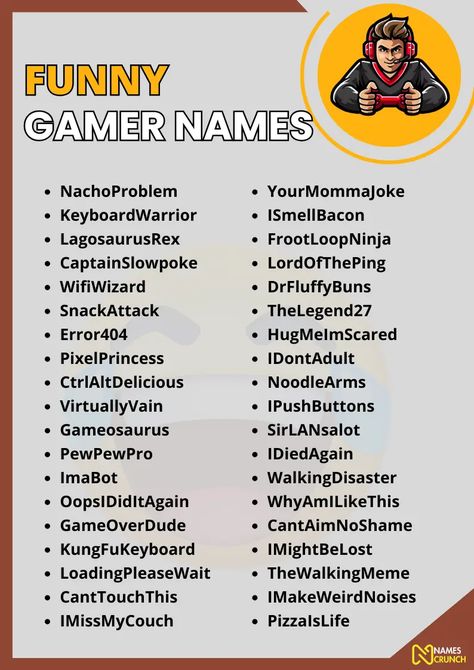 790+ Best Funny Gamer Names [Cool, Creative & Unique Ideas] - Names Crunch Funny Game Names, Online Id Name Ideas Ps4, Funny Gamer Tag Names, Cool Names For Games, Cute Gamertag Ideas, Gamer Names Ideas, Gamer Tag Names Ideas Girl, Weird Names Ideas, Xbox Gamertag Name Ideas