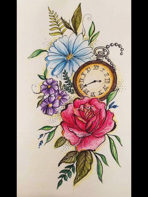 Drawn by Rucha Dhanokar #Flowers #Drawing Colour Pencils #Shading Art Clock time Pencil Colour Drawing Flower, Pencil Colour Painting, Clock Drawings, Shading Drawing, Elephant Tattoo Design, Flower Sketches, Floral Drawing, Nature Drawing, Female Tattoo