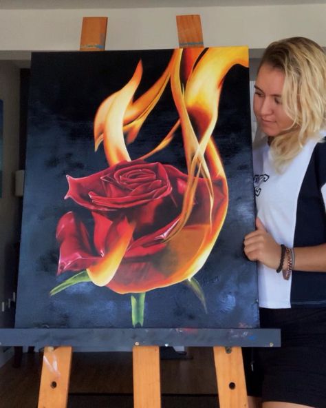 Flames Painting Canvas, Flower On Fire Painting, Rose On Fire Painting, Burning Rose Painting, Heart On Fire Painting, Burning Rose Drawing, Burn Out Art, Rose On Fire Drawing, How To Paint Fire