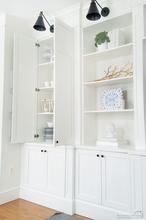 Mechanical Room Storage, End Of Hallway Cabinet Built Ins, Built Ins With Doors, Shaker Bookcase, Storage Built Ins, Cabinet Doors Diy, Living Room Built In Cabinets, Doors For Living Room, Drawers Handles